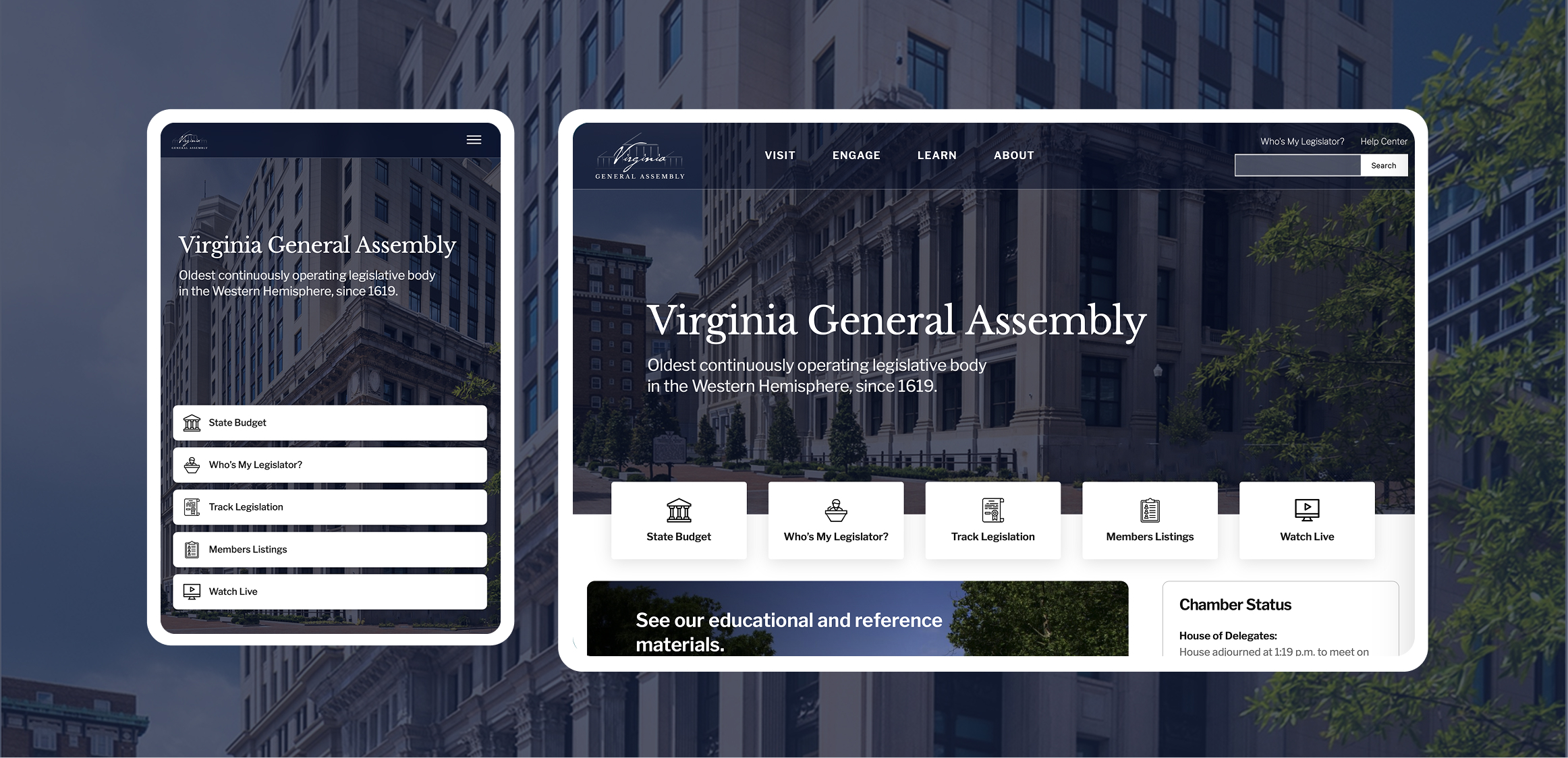 Screenshots of Virginia General Assembly website as seen on desktop and mobile.